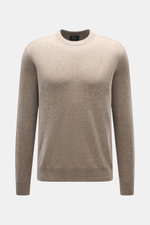 Brioni Cashmere Rundhalspullover taupe meliert, von vorne fotografiert, Regular Fit, reiner Cashmere, weicher Griff, Rundhalsausschnitt, Rippbündchen, Schulterpasse in Kontraststrick.