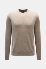 Brioni Cashmere Rundhalspullover taupe meliert, von vorne fotografiert, Regular Fit, reiner Cashmere, weicher Griff, Rundhalsausschnitt, Rippbündchen, Schulterpasse in Kontraststrick.