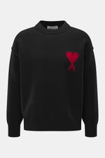Ami Paris Crew neck jumper black shown from the front, made of pure virgin wool with a soft feel, regular fit, crew neck, elasticated ribbed bands, medium-fine close knit, and large red Ami de Cœur intarsia on the chest.