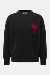 Ami Paris Crew neck jumper black shown from the front, made of pure virgin wool with a soft feel, regular fit, crew neck, elasticated ribbed bands, medium-fine close knit, and large red Ami de Cœur intarsia on the chest.