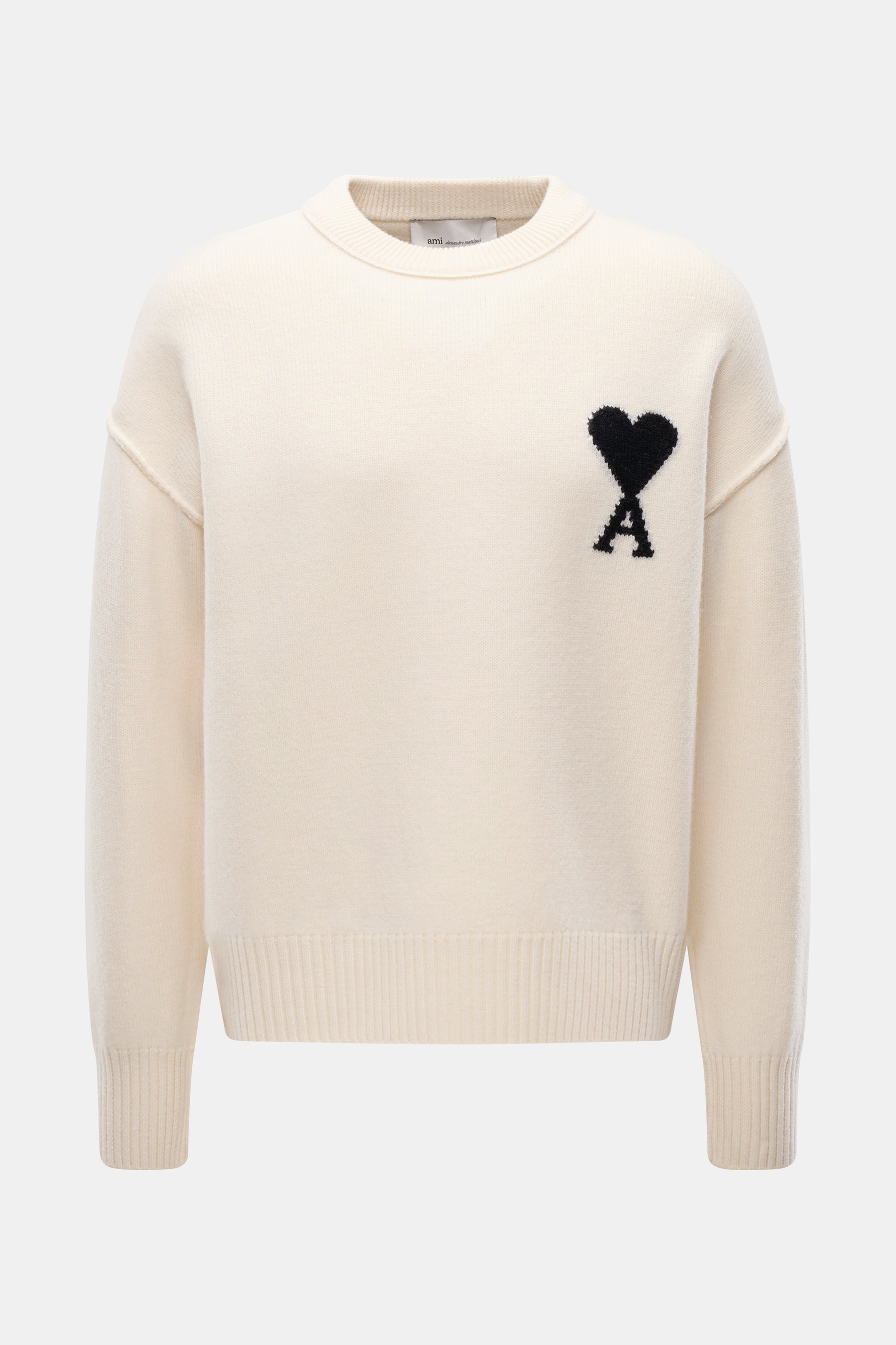 Front view of Ami Paris Crew neck jumper cream in pure virgin wool with large black Ami de Cœur logo, ribbed cuffs and hem.

Description: 
<p>Stylish basic: This crew neck jumper with a casual cut and an XXL logo intarsia made from pure virgin wool is an 