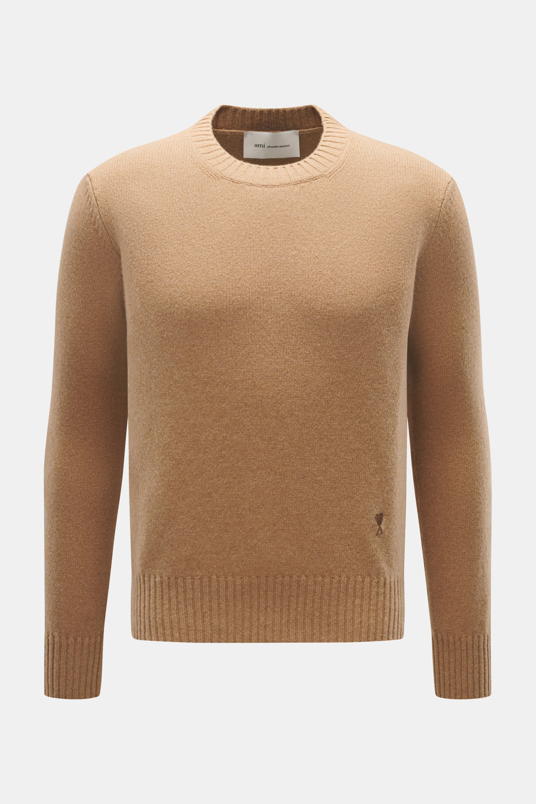 Front view of Ami Paris Cashmere crewneck sweater light brown, classic slim fit with crew neckline, ribbed cuffs, and tonal logo near hem.

Description:  
<p>Elegant essential from AMI PARIS: With this classic crewneck sweater made of luxurious cashmere b