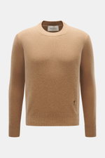 Front view of Ami Paris Cashmere crewneck sweater light brown, classic slim fit with crew neckline, ribbed cuffs, and tonal logo near hem.

Description:  
<p>Elegant essential from AMI PARIS: With this classic crewneck sweater made of luxurious cashmere b