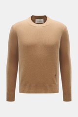 Front view of Ami Paris Cashmere crewneck sweater light brown, classic slim fit with crew neckline, ribbed cuffs, and tonal logo near hem.

Description:  
<p>Elegant essential from AMI PARIS: With this classic crewneck sweater made of luxurious cashmere b