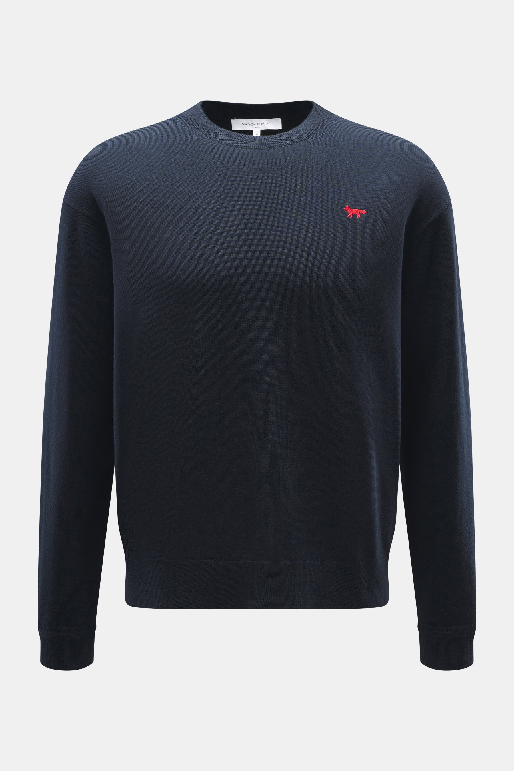 Maison Kitsuné Rundhalspullover 'Red Profile' navy, Frontansicht, Strick aus reiner Wolle, weicher Griff, Fuchs-Stitching auf der Brust, Regular Fit, Rundhalsausschnitt