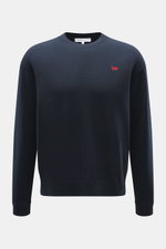 Front view of Maison Kitsuné Crewneck Sweater 'Red Profile' navy in pure wool with soft feel, fine knit, regular fit, crew neckline, and red fox stitching on chest.