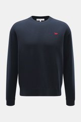 Front view of Maison Kitsuné Crewneck Sweater 'Red Profile' navy in pure wool with soft feel, fine knit, regular fit, crew neckline, and red fox stitching on chest.
