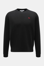 Front view of Maison Kitsuné Crewneck Sweater 'Red Profile' black, lightweight knit made of pure wool with soft feel and fine knit pattern, regular fit, crew neckline, and typical red fox stitching on the chest. Cool essential by MAISON KITSUNÉ: With the 
