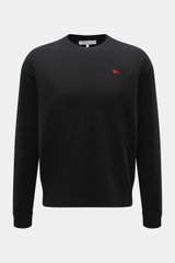Front view of Maison Kitsuné Crewneck Sweater 'Red Profile' black, lightweight knit made of pure wool with soft feel and fine knit pattern, regular fit, crew neckline, and typical red fox stitching on the chest. Cool essential by MAISON KITSUNÉ: With the 