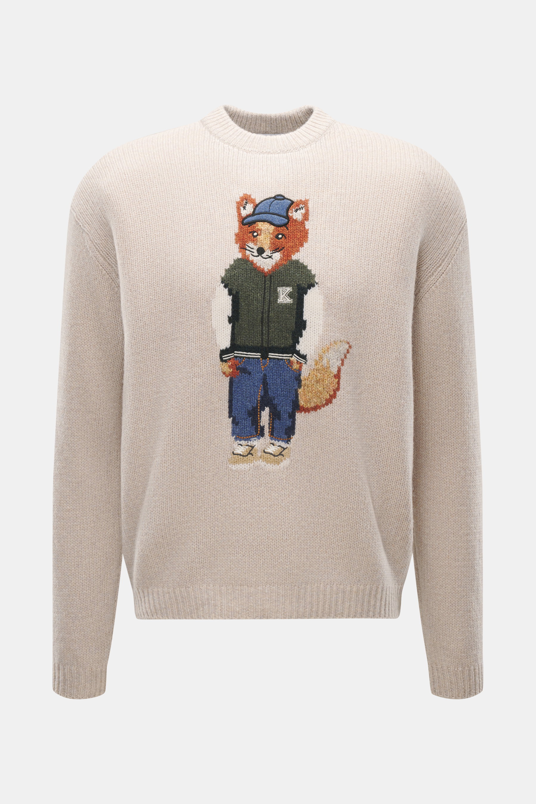 Maison Kitsuné Rundhalspullover sand meliert frontal fotografiert mit Intarsienstrick Fuchs-Motiv, Wolle, weicher Griff, Regular Fit, Rippbündchen