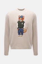 Maison Kitsuné Rundhalspullover sand meliert frontal fotografiert mit Intarsienstrick Fuchs-Motiv, Wolle, weicher Griff, Regular Fit, Rippbündchen