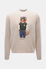Maison Kitsuné Rundhalspullover sand meliert frontal fotografiert mit Intarsienstrick Fuchs-Motiv, Wolle, weicher Griff, Regular Fit, Rippbündchen