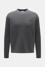 Maison Kitsuné Crew Neck Sweater Dark Grey shown from the front, made of pure wool with a soft touch, wide rib knit, medium-fine knit pattern, Regular Fit, crew neckline, tonal fox stitching, and comfortable ribbed cuffs.