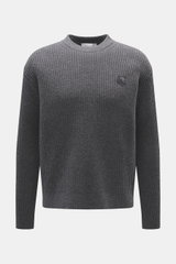 Maison Kitsuné Crew Neck Sweater Dark Grey shown from the front, made of pure wool with a soft touch, wide rib knit, medium-fine knit pattern, Regular Fit, crew neckline, tonal fox stitching, and comfortable ribbed cuffs.
