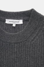 Close-up front view of Maison Kitsuné Crew Neck Sweater Dark Grey showing pure wool fabric with soft touch, wide rib knit, medium-fine knit pattern, Regular Fit, crew neckline, tonal fox stitching, and comfortable ribbed cuffs.