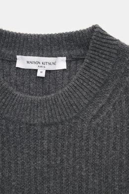 Close-up front view of Maison Kitsuné Crew Neck Sweater Dark Grey showing pure wool fabric with soft touch, wide rib knit, medium-fine knit pattern, Regular Fit, crew neckline, tonal fox stitching, and comfortable ribbed cuffs.