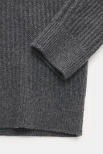 Close-up front view of Maison Kitsuné Crew Neck Sweater Dark Grey showcasing pure wool, soft touch, wide rib knit, medium-fine knit pattern, regular fit, crew neckline, tonal fox stitching, and comfortable ribbed cuffs.