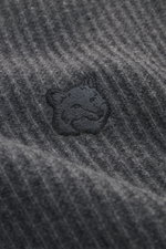 Close-up front view of Maison Kitsuné Crew Neck Sweater Dark Grey showing pure wool fabric with soft touch, wide rib knit, medium-fine knit pattern, tonal fox stitching, crew neckline, Regular Fit, and comfortable ribbed cuffs.