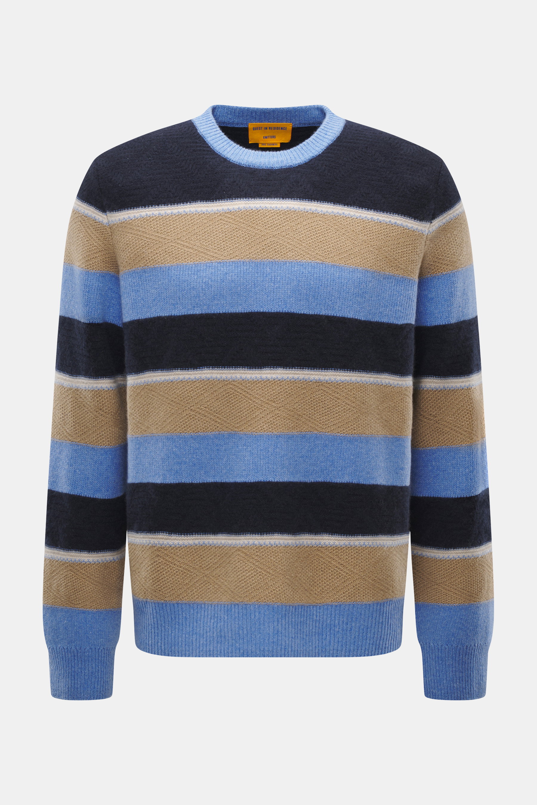 Guest In Residence Cashmere Rundhalspullover navy/sand/blau gestreift, frontale Nahaufnahme, reiner Cashmere, weicher Griff, mittelfeines Strickbild, Oversized Fit, Rundhalsausschnitt.