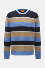Guest In Residence Cashmere Rundhalspullover navy/sand/blau gestreift, frontale Nahaufnahme, reiner Cashmere, weicher Griff, mittelfeines Strickbild, Oversized Fit, Rundhalsausschnitt.