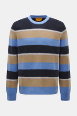 Guest In Residence Cashmere Rundhalspullover navy/sand/blau gestreift, frontale Nahaufnahme, reiner Cashmere, weicher Griff, mittelfeines Strickbild, Oversized Fit, Rundhalsausschnitt.