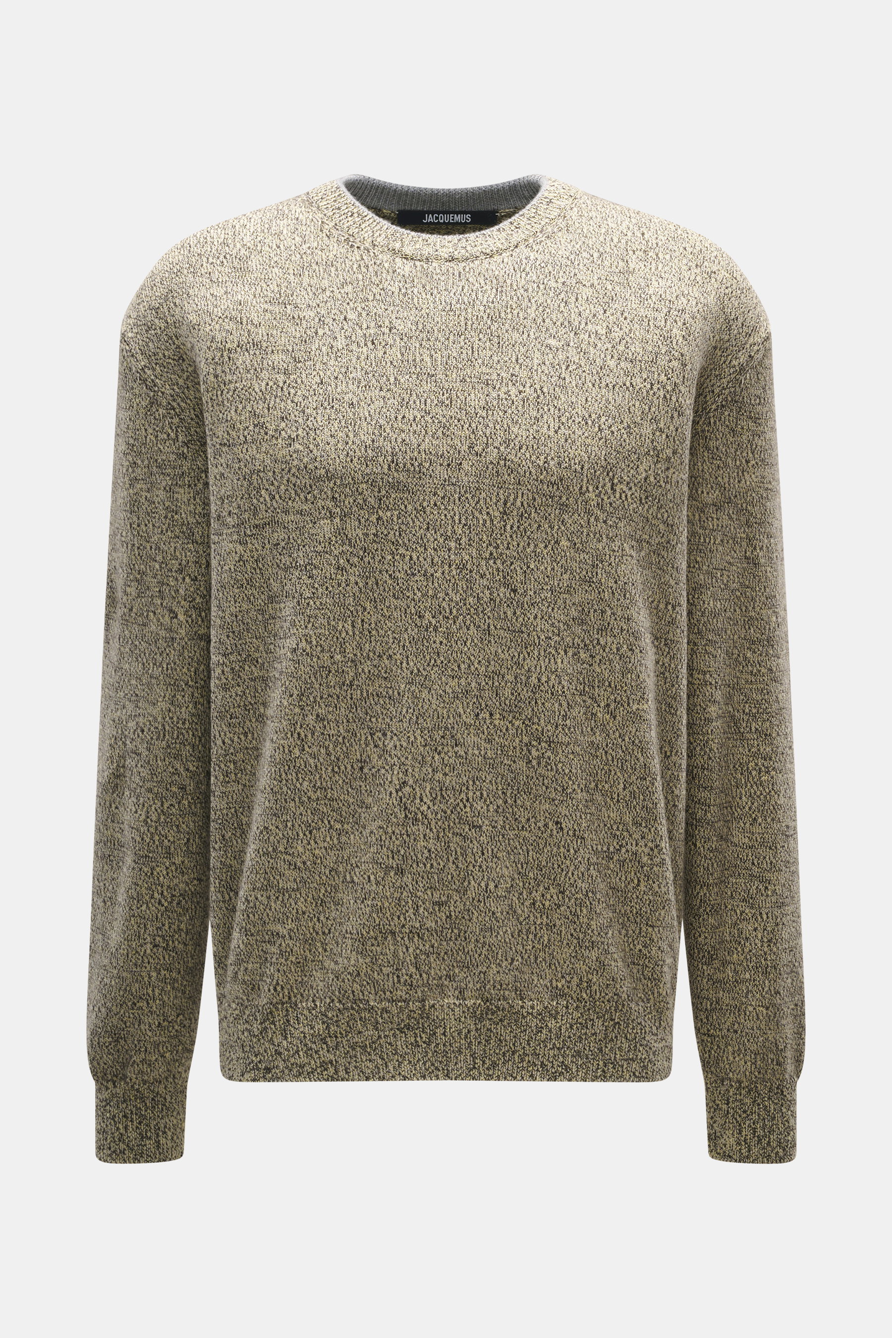 Front view of Jacquemus Merino crew neck sweater multicolor featuring elastic merino wool, soft touch, medium-fine knit pattern, regular fit, crew neckline, logo detail on back, and comfortable ribbed cuffs.