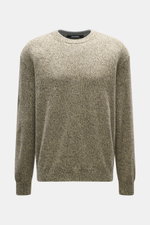 Front view of Jacquemus Merino crew neck sweater multicolor featuring elastic merino wool, soft touch, medium-fine knit pattern, regular fit, crew neckline, logo detail on back, and comfortable ribbed cuffs.