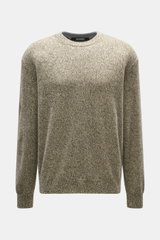 Front view of Jacquemus Merino crew neck sweater multicolor featuring elastic merino wool, soft touch, medium-fine knit pattern, regular fit, crew neckline, logo detail on back, and comfortable ribbed cuffs.