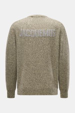 Back view of Jacquemus Merino crew neck sweater multicolor, made of elastic merino wool with soft touch, medium-fine knit pattern, regular fit, crew neckline, logo detail on the back, and comfortable ribbed cuffs.