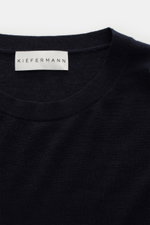 Close-up front view of the Kiefermann Merino Crewneck Sweater 'Marleys' navy, a luxurious basic piece made of pure Merino wool with a soft touch, very fine knit pattern, slim fit, and crew neckline, ideal for layering on cold days.