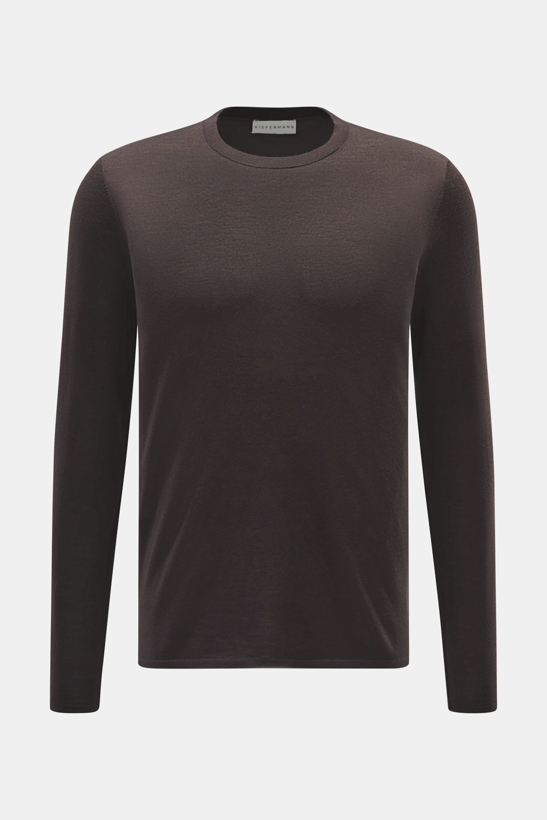 Kiefermann Merino Rundhalspullover 'Marleys' dunkelbraun, Slim Fit, reine Merinowolle, feines Strickbild, weicher Griff, Rundhalsausschnitt, Frontansicht.
