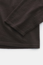Kiefermann Merino Crewneck Sweater 'Marleys' dark brown shown in close-up from above, highlighting pure Merino wool, soft touch, very fine knit, slim fit, and crew neckline.