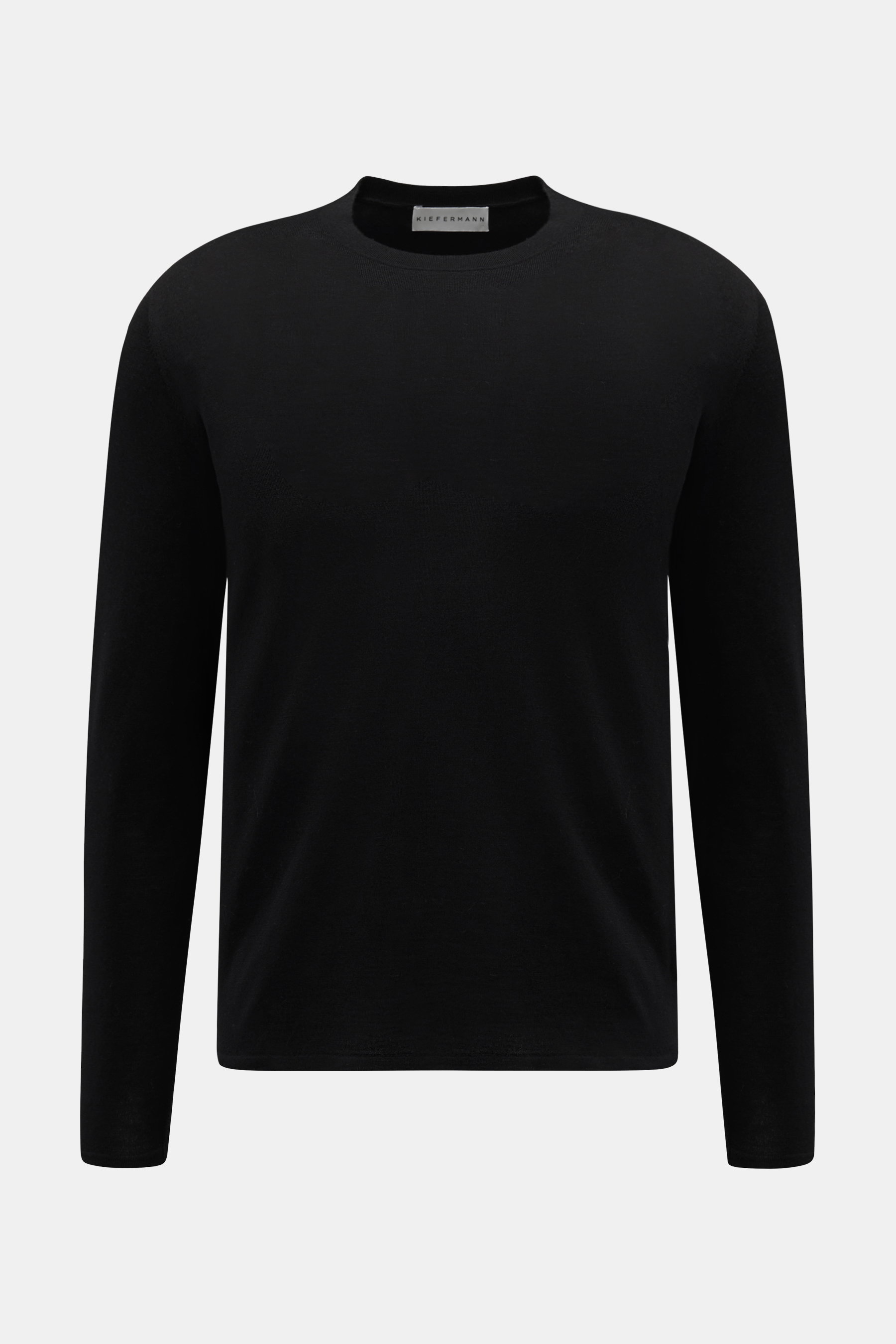 Kiefermann Merino Rundhalspullover 'Marleys' schwarz, Slim Fit, feines Feinstrickbild, weicher Griff, Rundhalsausschnitt, frontal fotografiert, Merinowolle.