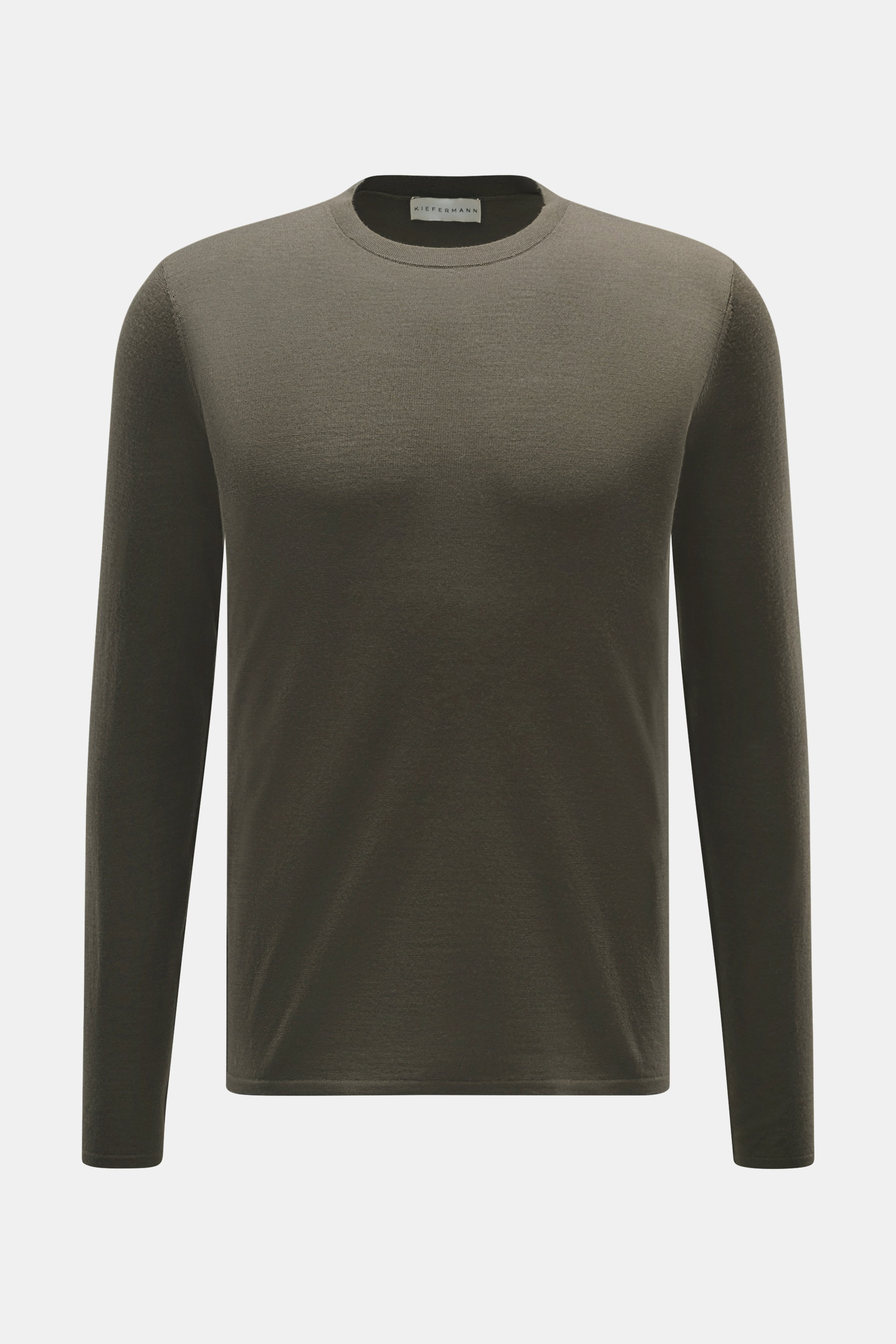 Kiefermann Merino Rundhalspullover 'Marleys' khaki, Frontansicht, Slim Fit, reine Merinowolle, weicher Griff, feines Strickbild, Rundhalsausschnitt, Layering-Piece.