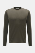 Kiefermann Merino Rundhalspullover 'Marleys' khaki, Frontansicht, Slim Fit, reine Merinowolle, weicher Griff, feines Strickbild, Rundhalsausschnitt, Layering-Piece.
