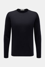 Front view of Kiefermann Merino Fine Knit Sweater 'Benjaminn' navy, pure merino wool, super soft feel, very fine knit pattern, slim fit, round neckline, open rolled edge finishes.