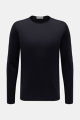 Front view of Kiefermann Merino Fine Knit Sweater 'Benjaminn' navy, pure merino wool, super soft feel, very fine knit pattern, slim fit, round neckline, open rolled edge finishes.