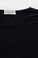 Close-up front view of the Kiefermann Merino Fine Knit Sweater 'Benjaminn' navy showing pure merino wool, super soft feel, very fine knit pattern, slim fit, round neckline, and open rolled edge finishes.