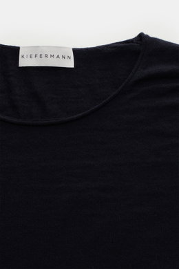 Close-up front view of the Kiefermann Merino Fine Knit Sweater 'Benjaminn' navy showing pure merino wool, super soft feel, very fine knit pattern, slim fit, round neckline, and open rolled edge finishes.