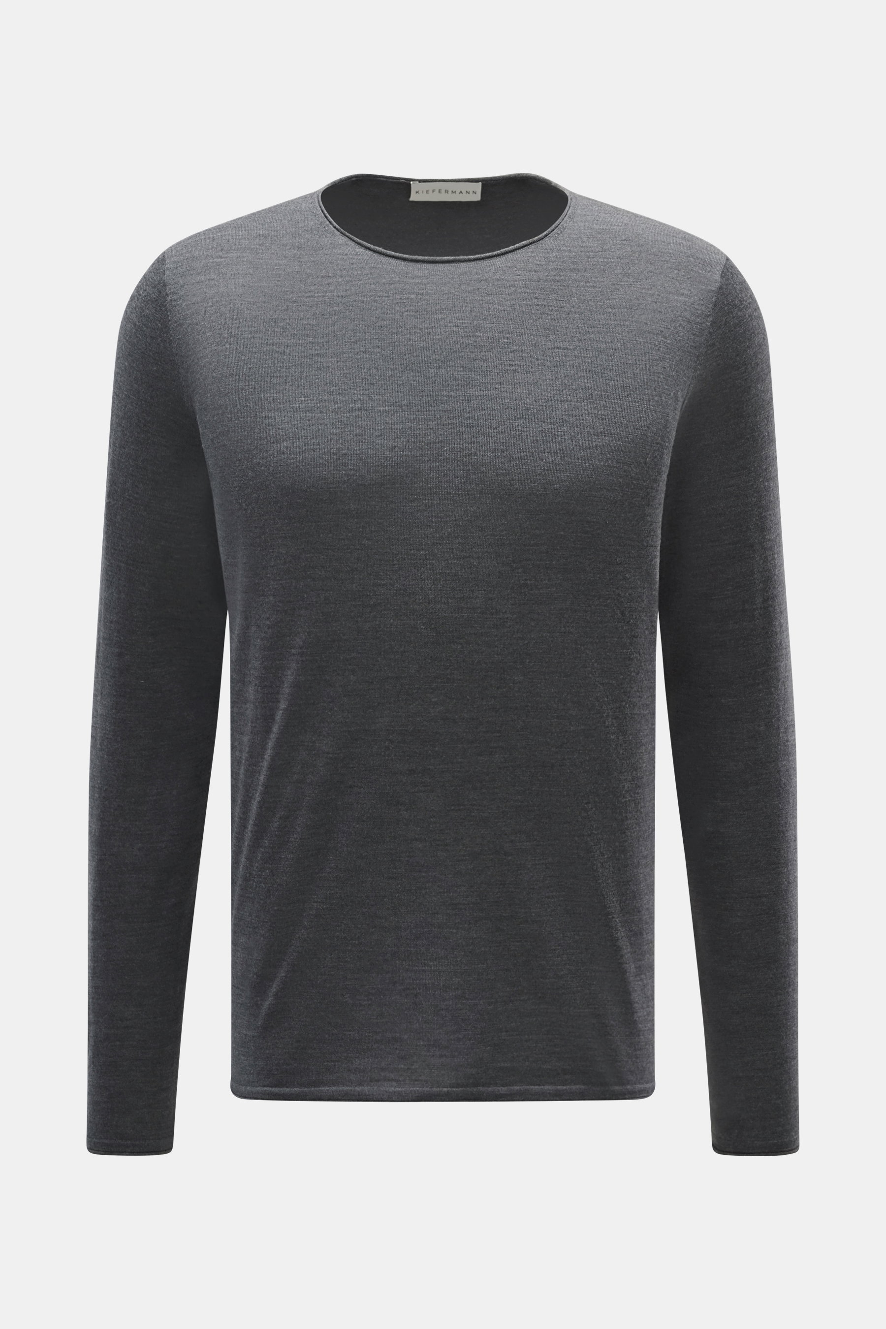 Kiefermann Merino Feinstrick-Pullover 'Benjaminn' dunkelgrau meliert, Slim Fit, reine Merinowolle, superweicher Griff, feines Strickbild, Rundhalsausschnitt, rollierte Kanten, Frontansicht.