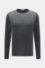 Front view of the Kiefermann Merino fine knit sweater 'Benjaminn' dark grey melange, pure merino wool, super soft feel, very fine knit pattern, slim fit, round neckline, open rolled edge finishes.