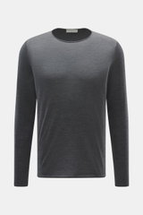 Front view of the Kiefermann Merino fine knit sweater 'Benjaminn' dark grey melange, pure merino wool, super soft feel, very fine knit pattern, slim fit, round neckline, open rolled edge finishes.