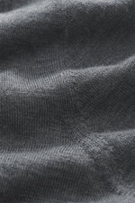 Close-up front view of the Kiefermann Merino fine knit sweater 'Benjaminn' dark grey melange showing pure merino wool, super soft feel, very fine knit pattern, slim fit, round neckline, and open, rolled edge finishes.