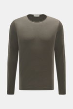 Front view of Kiefermann Merino fine knit sweater 'Benjaminn' khaki, pure merino wool, super soft feel, very fine knit pattern, slim fit, round neckline, open rolled edge finishes.