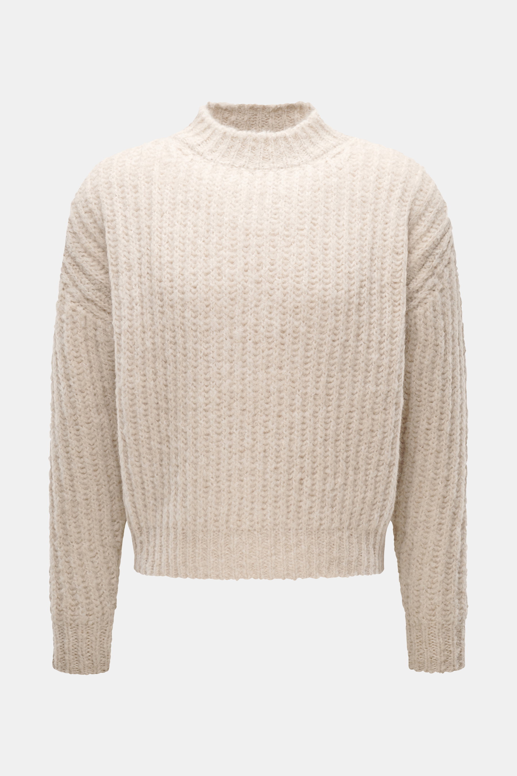 Kiefermann Rundhalspullover "Yakub" creme, frontal aus mittlerer Nähe fotografiert, grobes Strickbild, oversized Fit, Mix aus Microfaser, Alpaka, Wolle, weicher Griff, Rundhalsausschnitt, komfortable Rippbündchen.