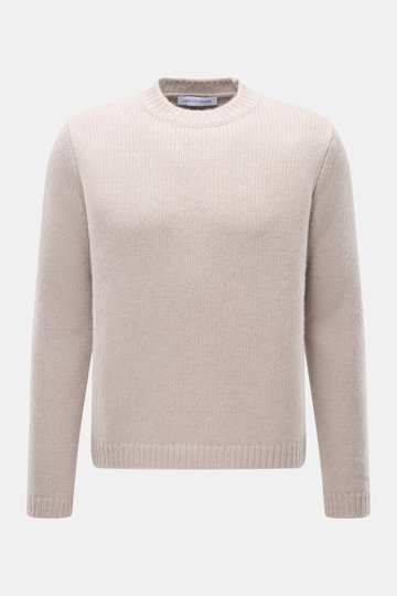 Front view of Iris von Arnim Cashmere-silk crew neck sweater 'Felton' sand, slim fit with voluminous knit, ribbed cuffs, soft cashmere and silk blend.