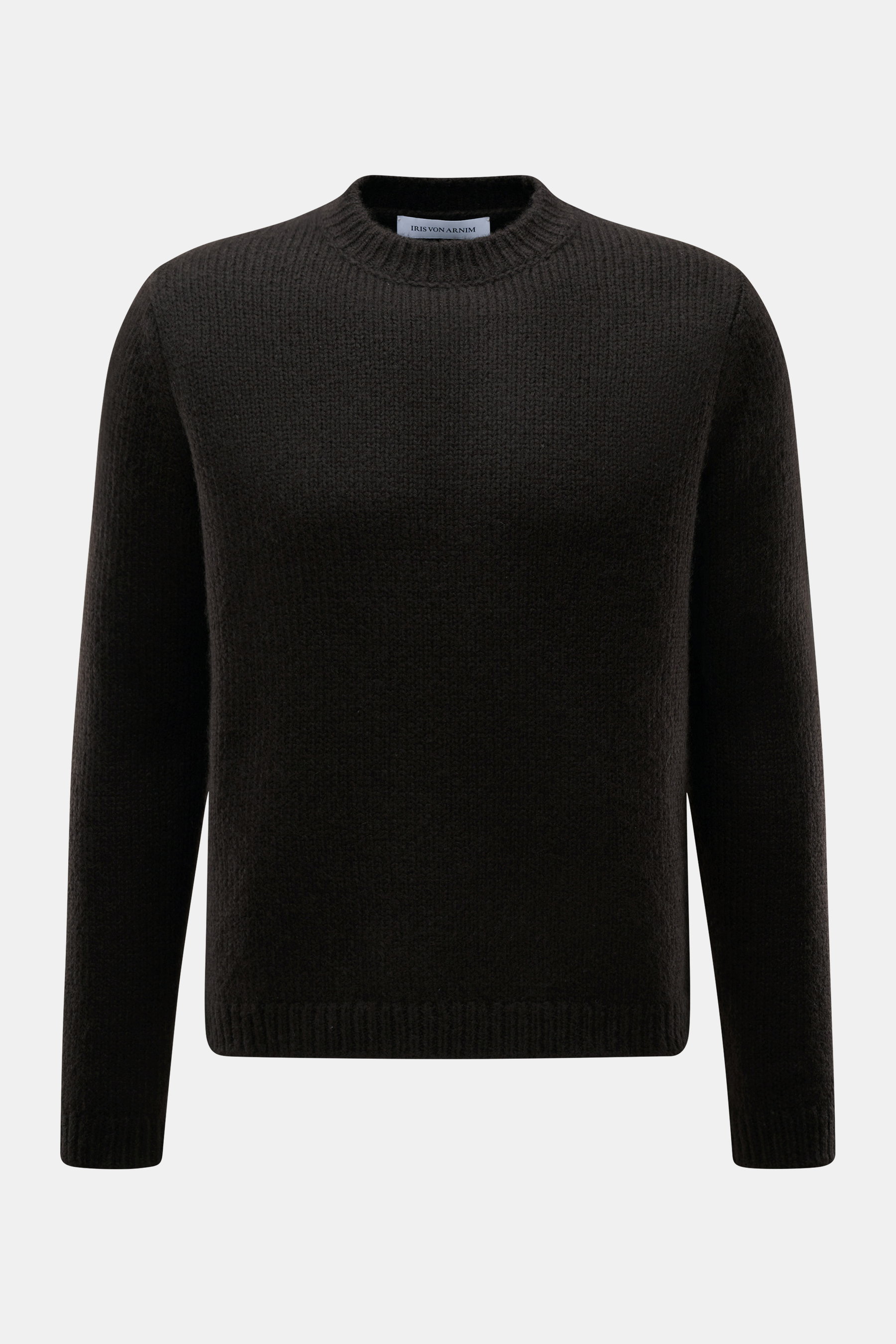 Iris von Arnim Cashmere-Seide Rundhalspullover 'Felton' dunkelbraun, frontale Nahaufnahme, Mix aus Cashmere und Seide, sehr weicher Griff, voluminöses Strickbild, Slim Fit, Rundhalsausschnitt, komfortable Rippbündchen.