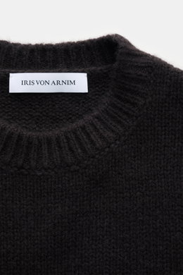 Close-up top-down view of Iris von Arnim Cashmere-silk crew neck sweater 'Felton' dark brown, showing voluminous knit pattern, slim fit, crew neckline, comfortable ribbed cuffs, very soft feel, and mix of cashmere and silk.