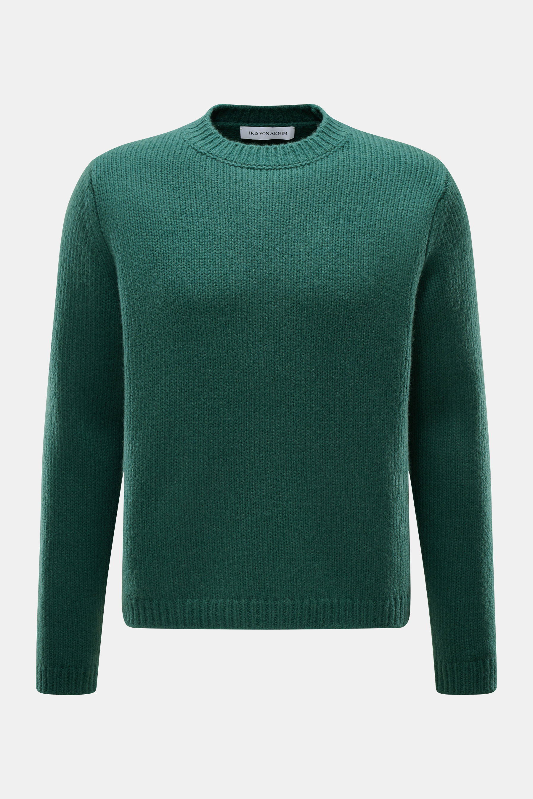 Iris von Arnim Cashmere-Seide Rundhalspullover 'Felton' grün, Slim Fit, Rundhalsausschnitt, voluminöses Strickbild, weicher Griff, Rippbündchen, Frontansicht.