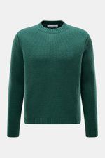 Front view of Iris von Arnim Cashmere-silk crew neck sweater 'Felton' green, slim fit with voluminous knit, ribbed cuffs, very soft feel.